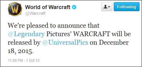快报:《魔兽争霸》电影将于2015年12月上映